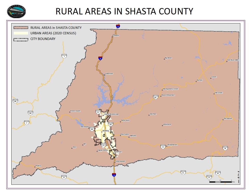Map of Shasta County showing the rural areas eligible for the Rural BLAST program, distinguished from urban areas and city boundaries