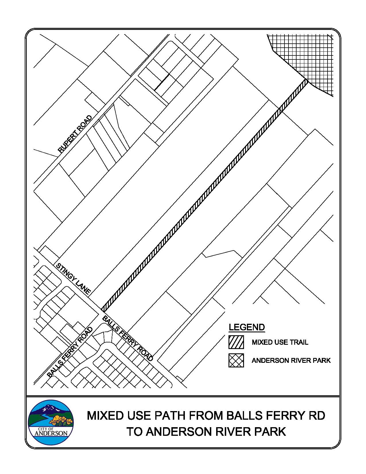 Map of the proposed mixed-use path from Balls Ferry Road to Anderson River Park in the City of Anderson