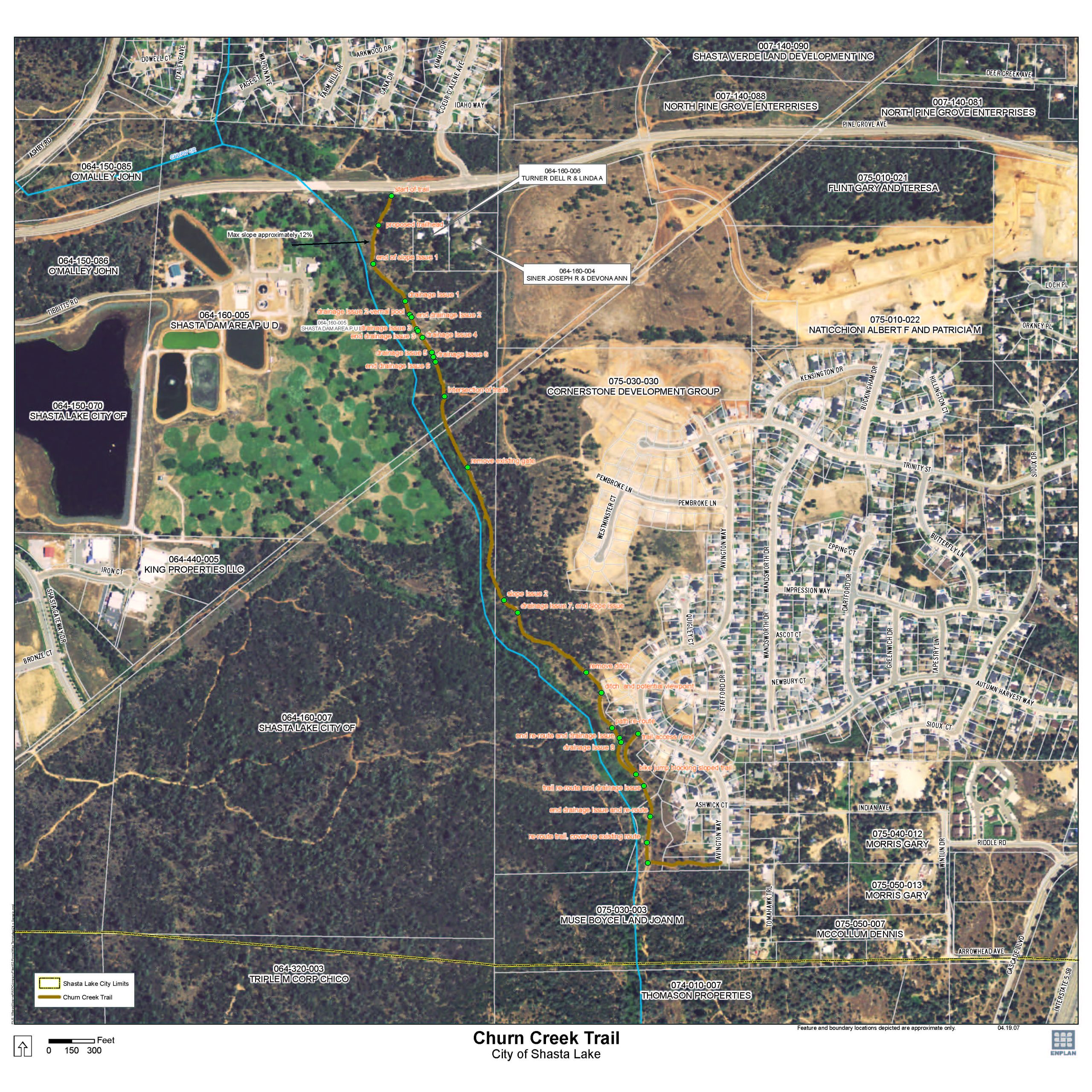 Aerial map of the proposed Churn Creek Trail alignment through the City of Shasta Lake, running south from a proposed trailhead near Pine Grove Avenue alongside residential neighborhoods