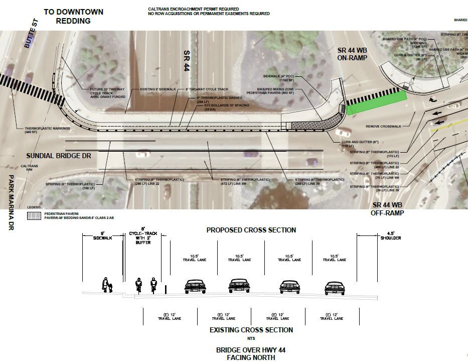 Aerial project drawing of Sundial Bridge Drive and the SR 44 off-ramp near Turtle Bay, with a cross-section of the proposed cycle track over the Highway 44 bridge