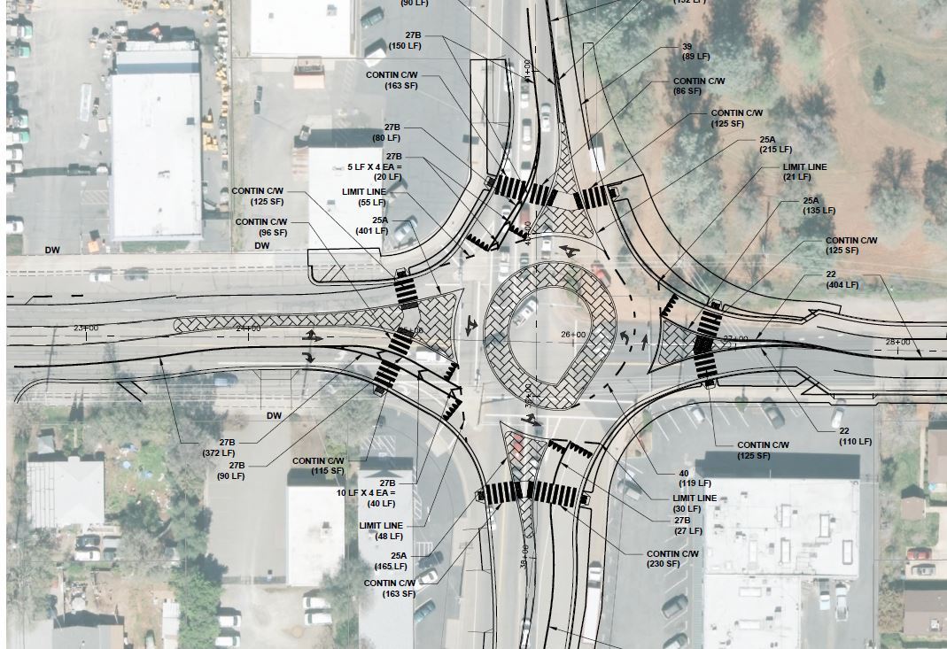 Aerial project drawing of a proposed roundabout intersection along the Victor Avenue corridor