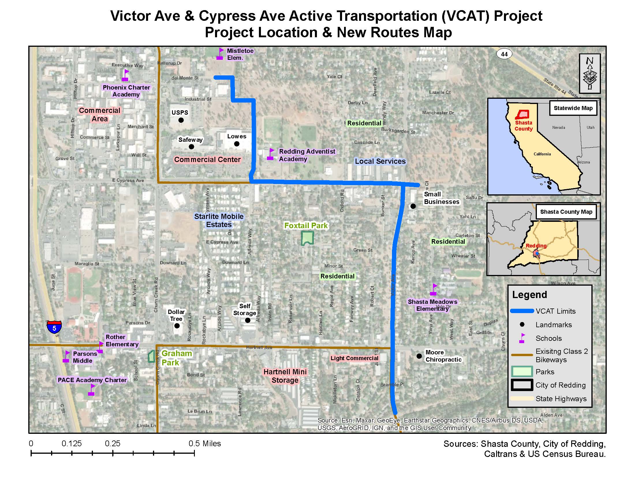 Map of the Victor Ave & Cypress Ave Active Transportation (VCAT) Project location and new active transportation routes in Redding