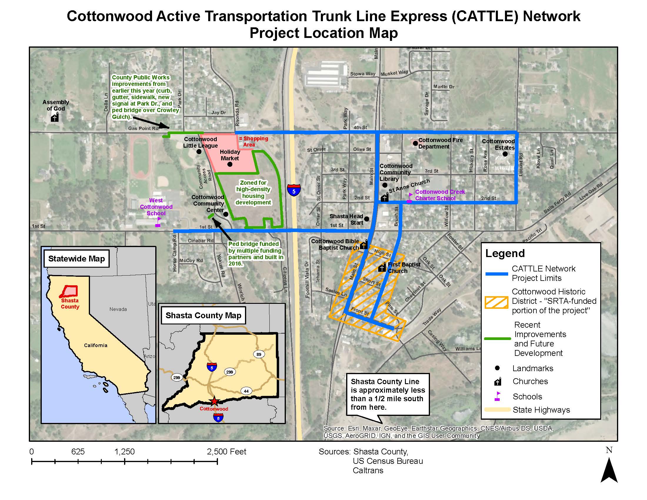Map of the Cottonwood Active Transportation Trunk Line Express (CATTLE) Network project area in Cottonwood, California