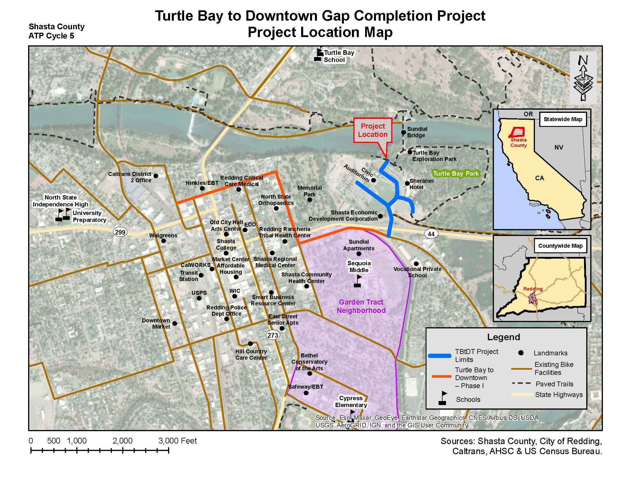 Map of the Turtle Bay to Downtown Gap Completion Project location connecting Turtle Bay to downtown Redding