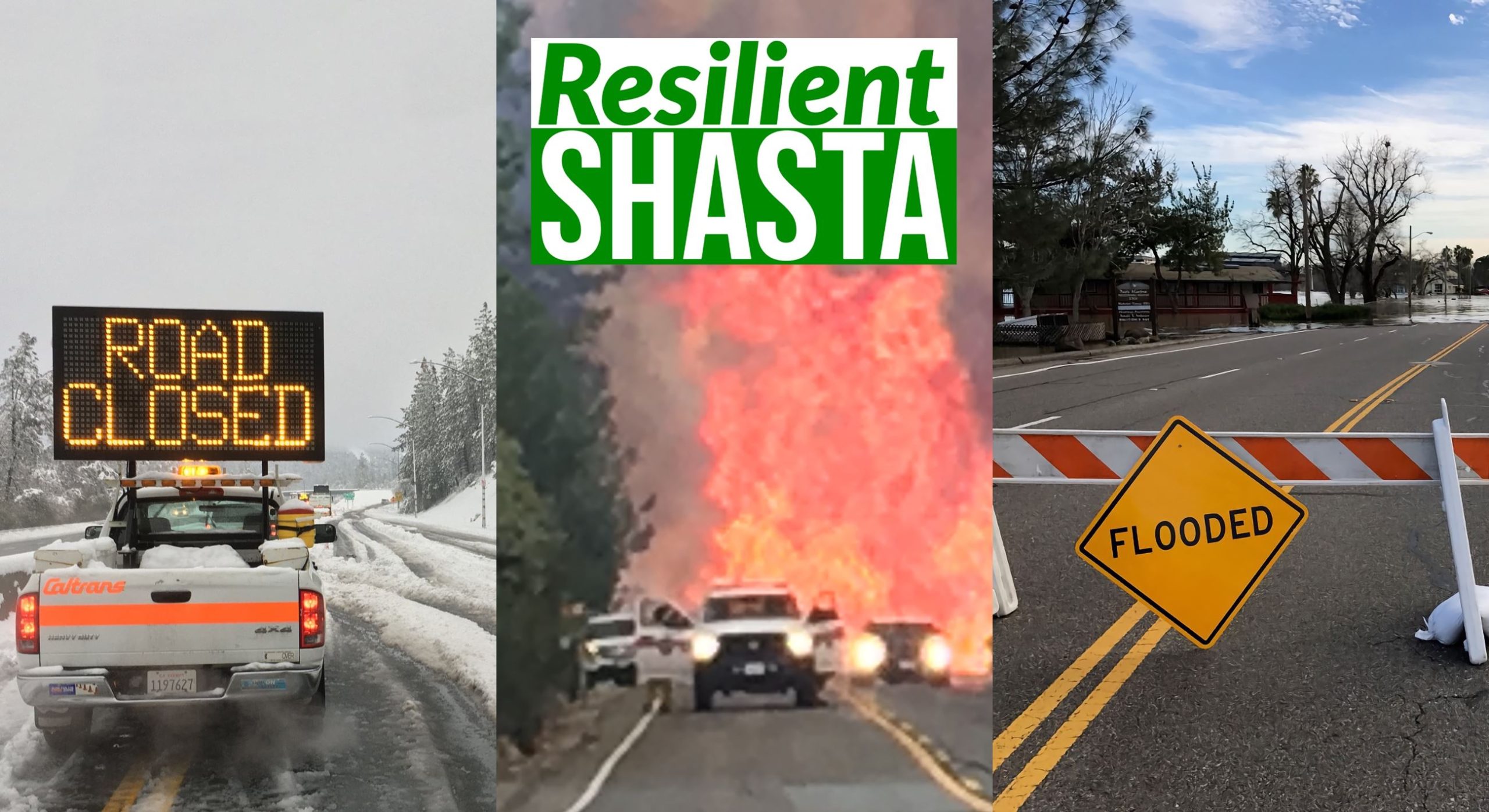 A triptych showing three different extreme weather events (snow, wildfire, and flooding).