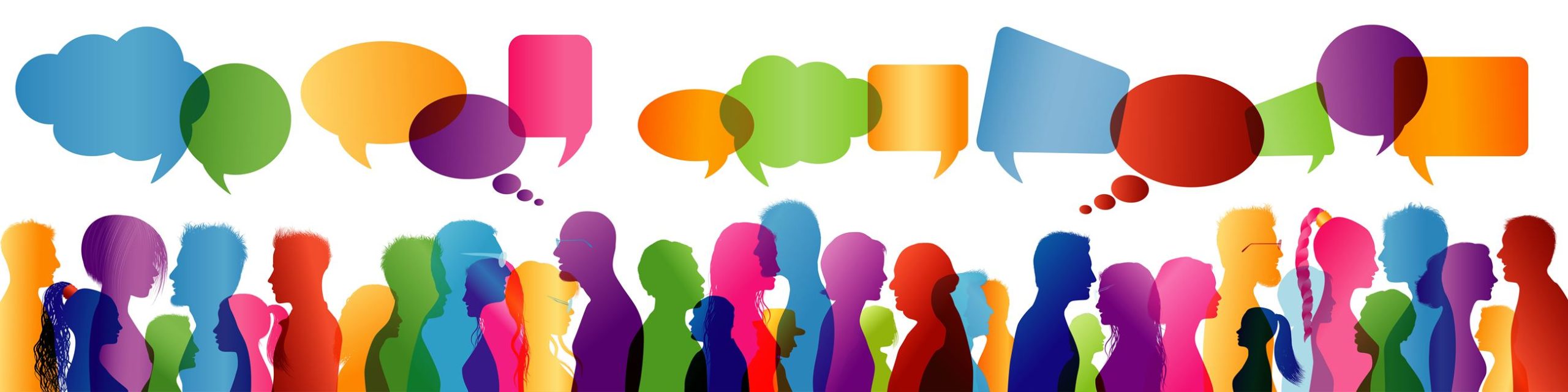 Illustration of various people discussing abstract ideas