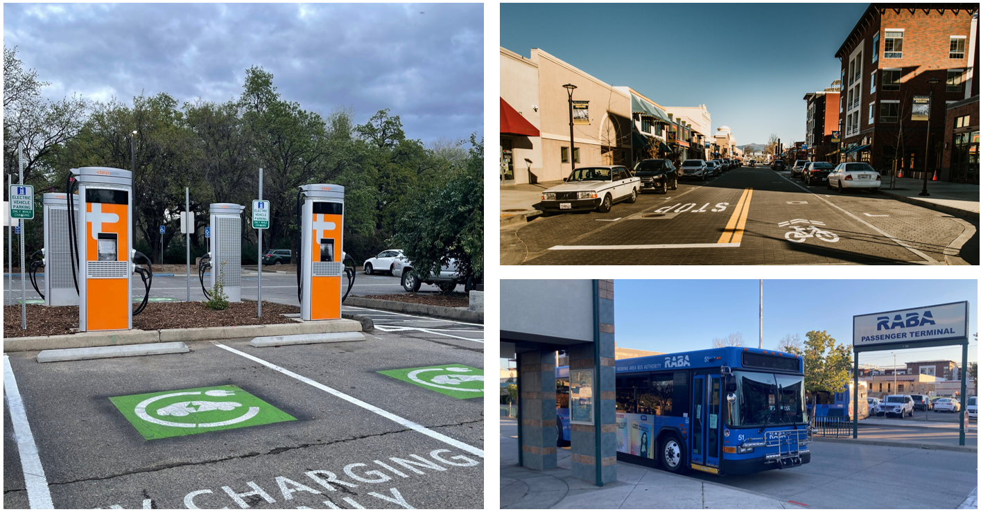 Three images showing EV chargers, a walkable downtown, and a RABA bus