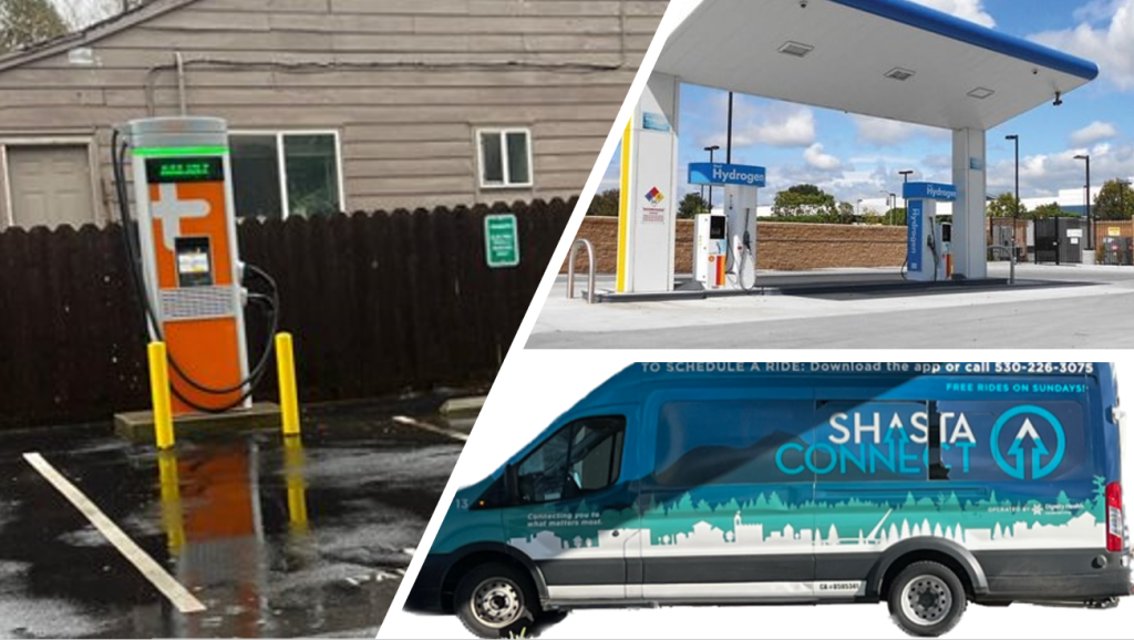 A collage of electric vehicle charging stations, hydrogen fuel cell fueling devices, and a bus.