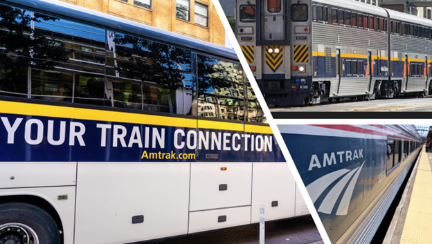 one image showing three different photos of Amtrak trains