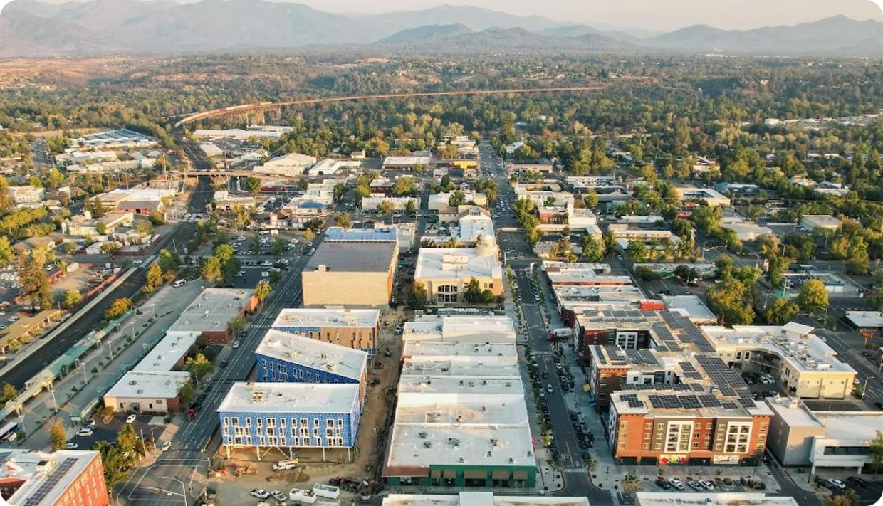 Aerial view of the Shasta region, with Mount Shasta on the horizon
